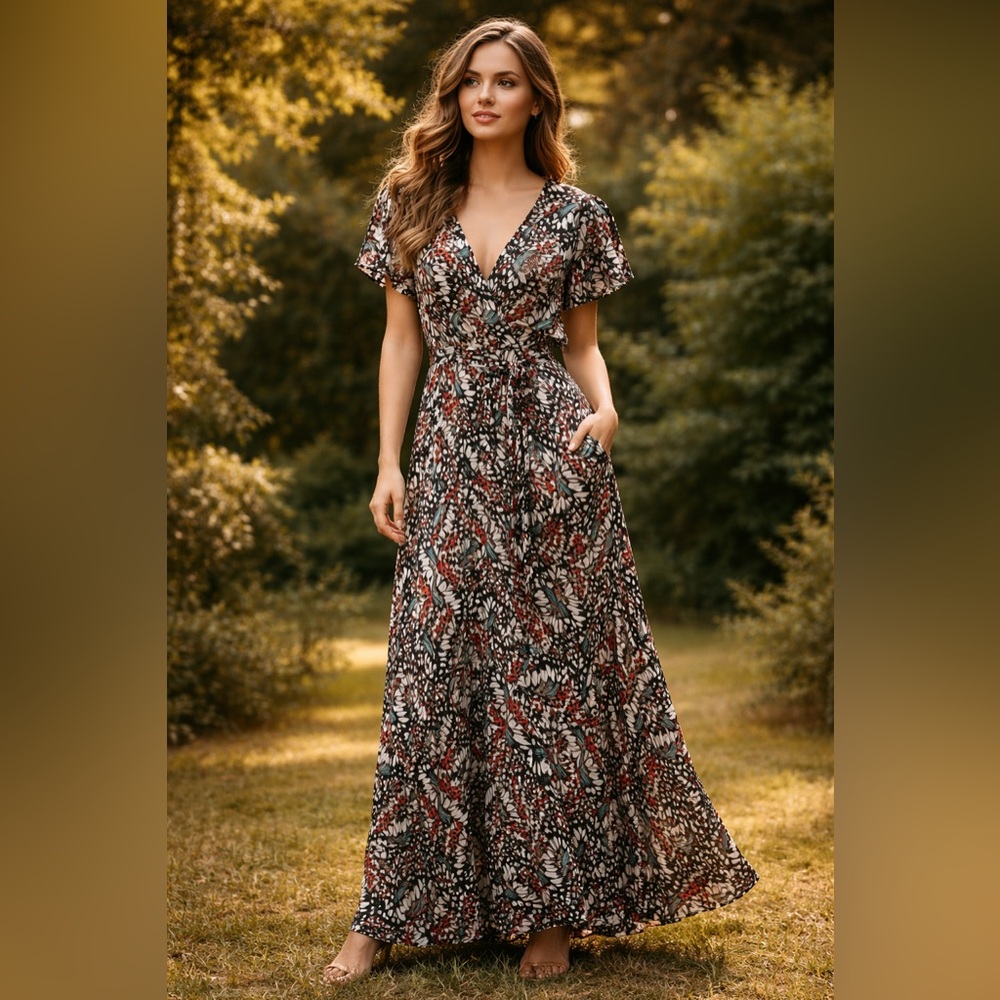 Hutch by Anthropologie Floral butterfly‎ print full wrap around Maxi Dress Sz S
